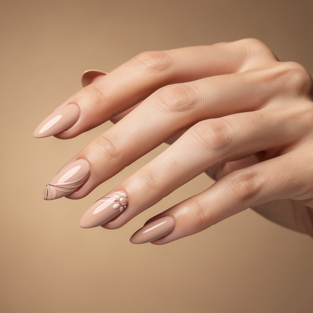 Sophisticated luxury manicure, soft neutral polish, elegant hand, professional lighting, editorial style.