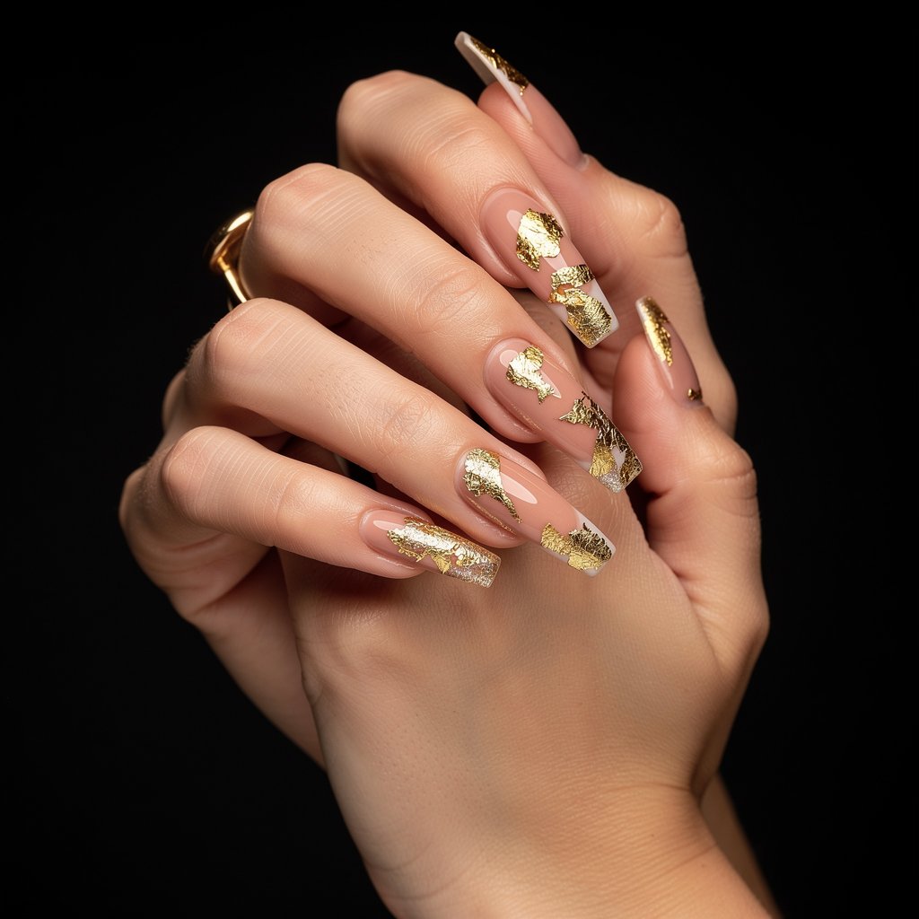 Luxury long acrylic nails with gold leaf art, high-end editorial photography, dark background, professional lighting.