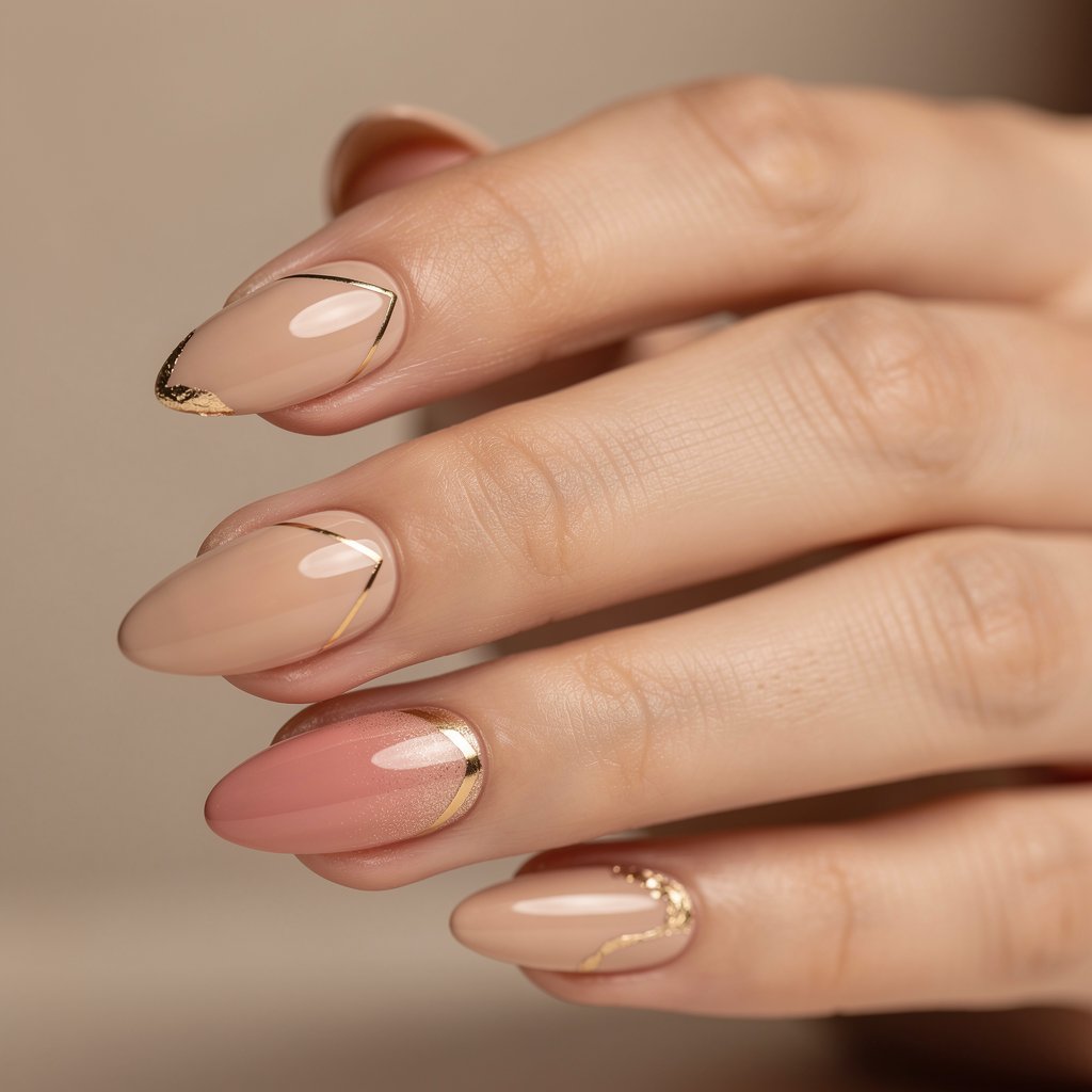 Elegant almond nails with nude polish and gold accents