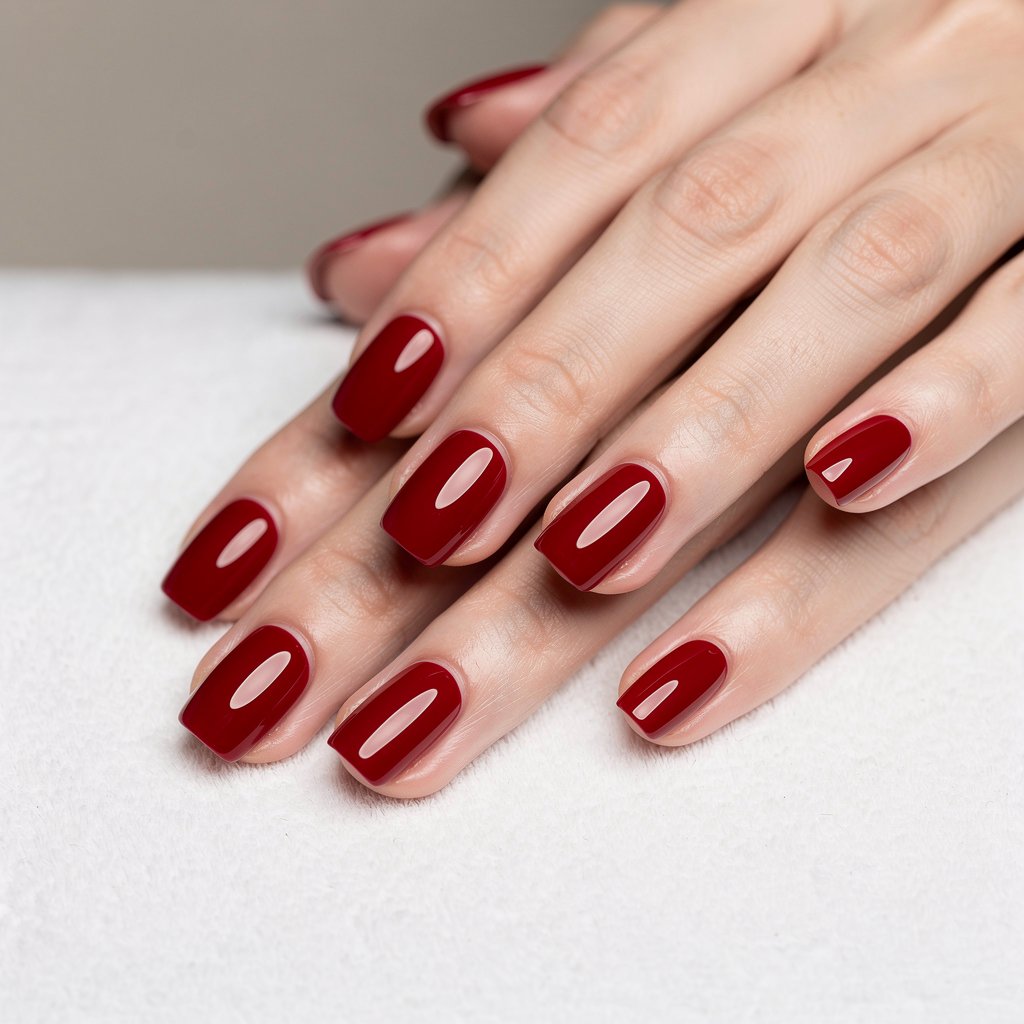Professional red gel manicure on short square nails
