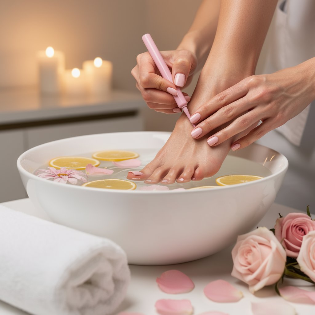 Luxury spa pedicure with soft pink polish