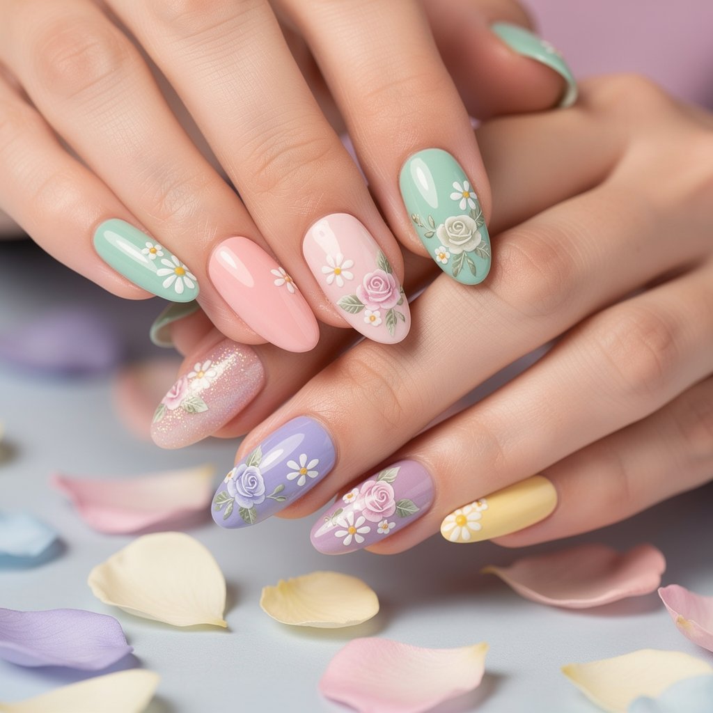 Creative nail art with floral patterns and pastel colors