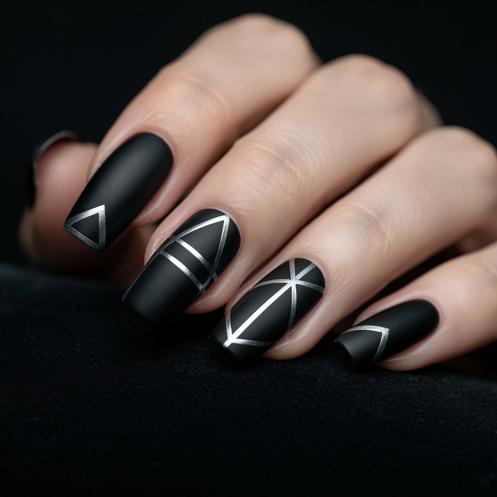 Matte black nails with silver geometric lines