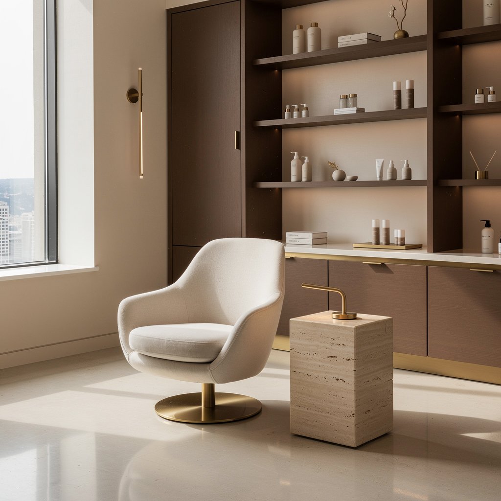 Editorial architectural photograph of an intimate luxury nail studio, sculptural cream chair, travertine pedestal, brushed gold details, soft morning light, warm ivory and cocoa palette, quiet high-end atmosphere, no people, no text.