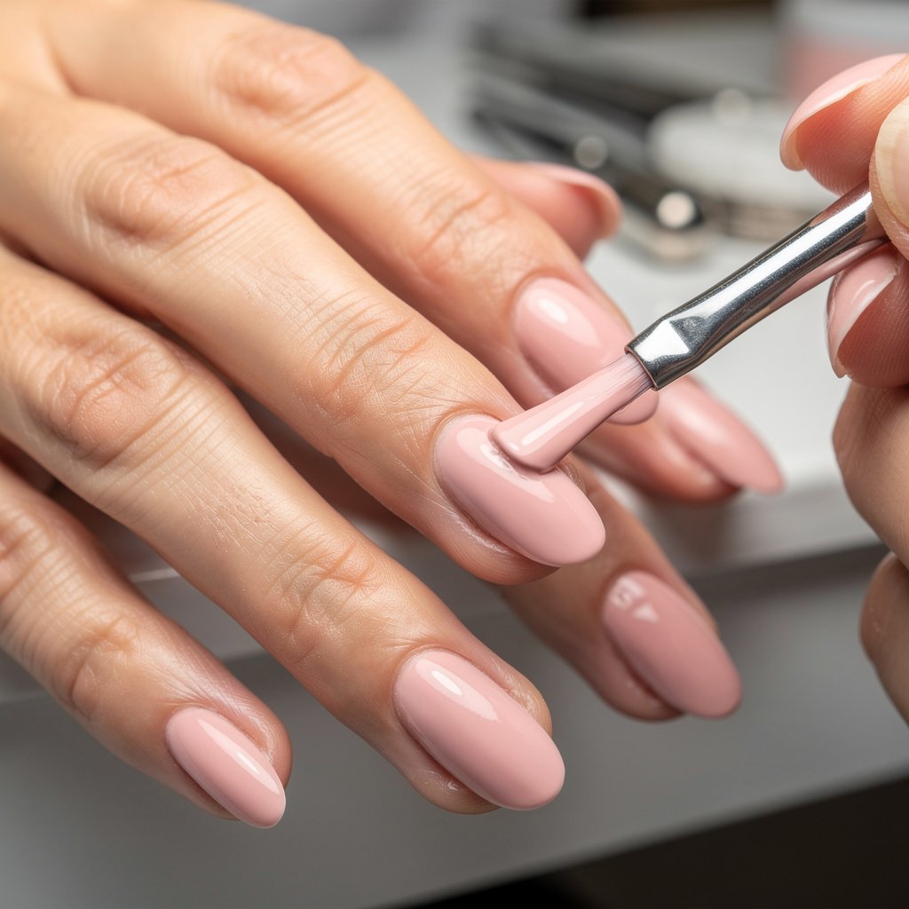 Anatomically correct close-up of a professional manicure. A technician is applying soft pink gel polish to the nail on a fingertip. Elegant hands, no paint on knuckles or skin, professional salon environment, soft lighting, focus on the nail.