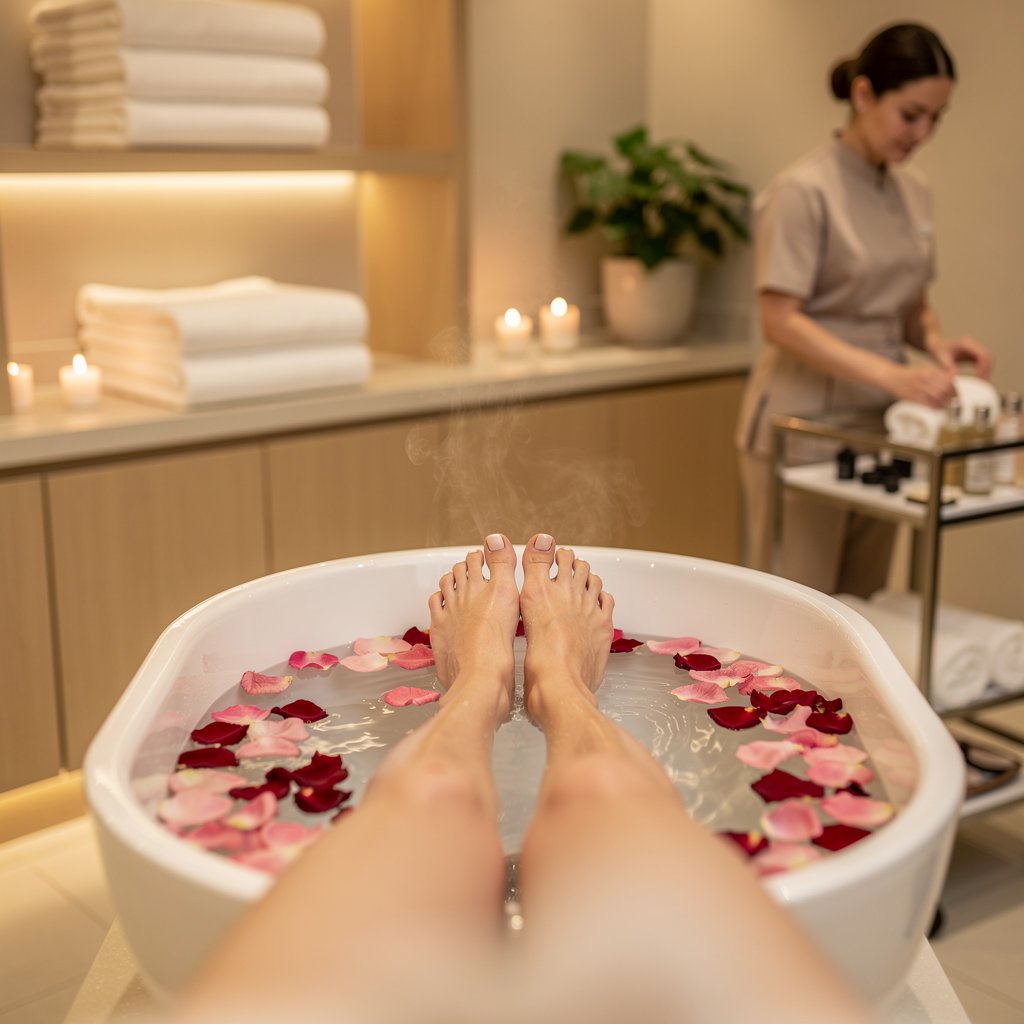 Relaxing spa pedicure, foot bath with rose petals, professional salon setting, soft lighting, calm atmosphere.