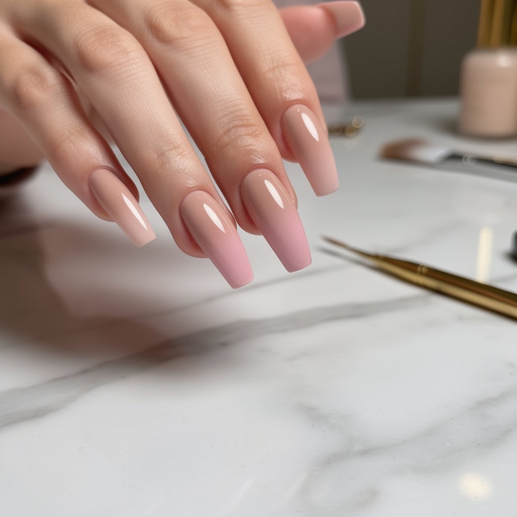 Anatomically correct long acrylic nails on fingertips, elegant ombre design, professional finish, soft lighting, luxury salon setting, focus on the nails and fingertips.